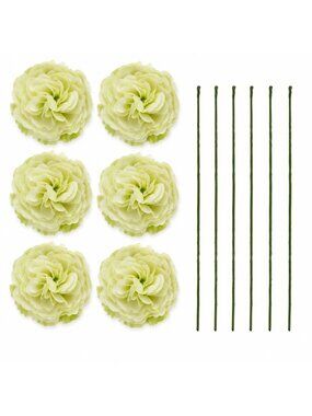 Pale Green Artificial Peony Ranunculus Flowers Set of 6, 3 Inch Flower Heads wit